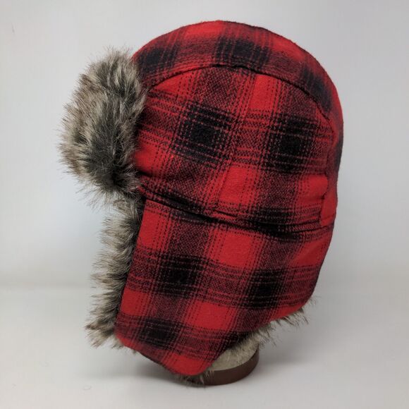 Goodfellow & Co Men's Trapper Hat Red Plaid One Size Vegan Fur Trim Ear Flaps - Picture 5 of 10